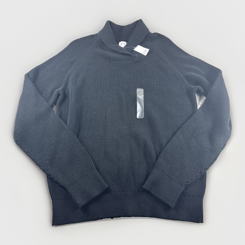 Gap Shawl Neck Sweater Mens L Black Textured Knit Sweatshirt Preppy Cotton NEW